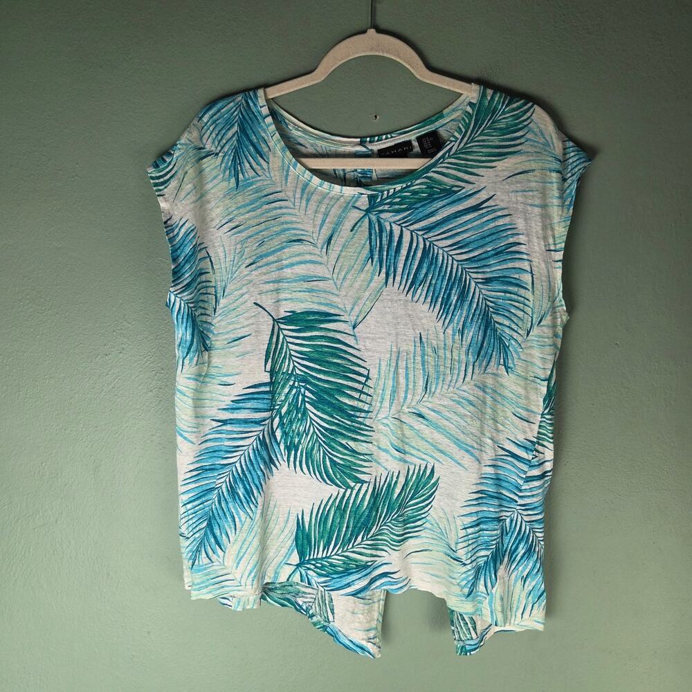 Tahari Women XLarge Blue Tropical Palm Print Linen Short Sleeve Top Button Back